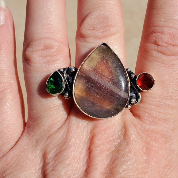 New Fluorite, Garnet and Green Quartz 925 Silver Ring. - Picture 11 of 15